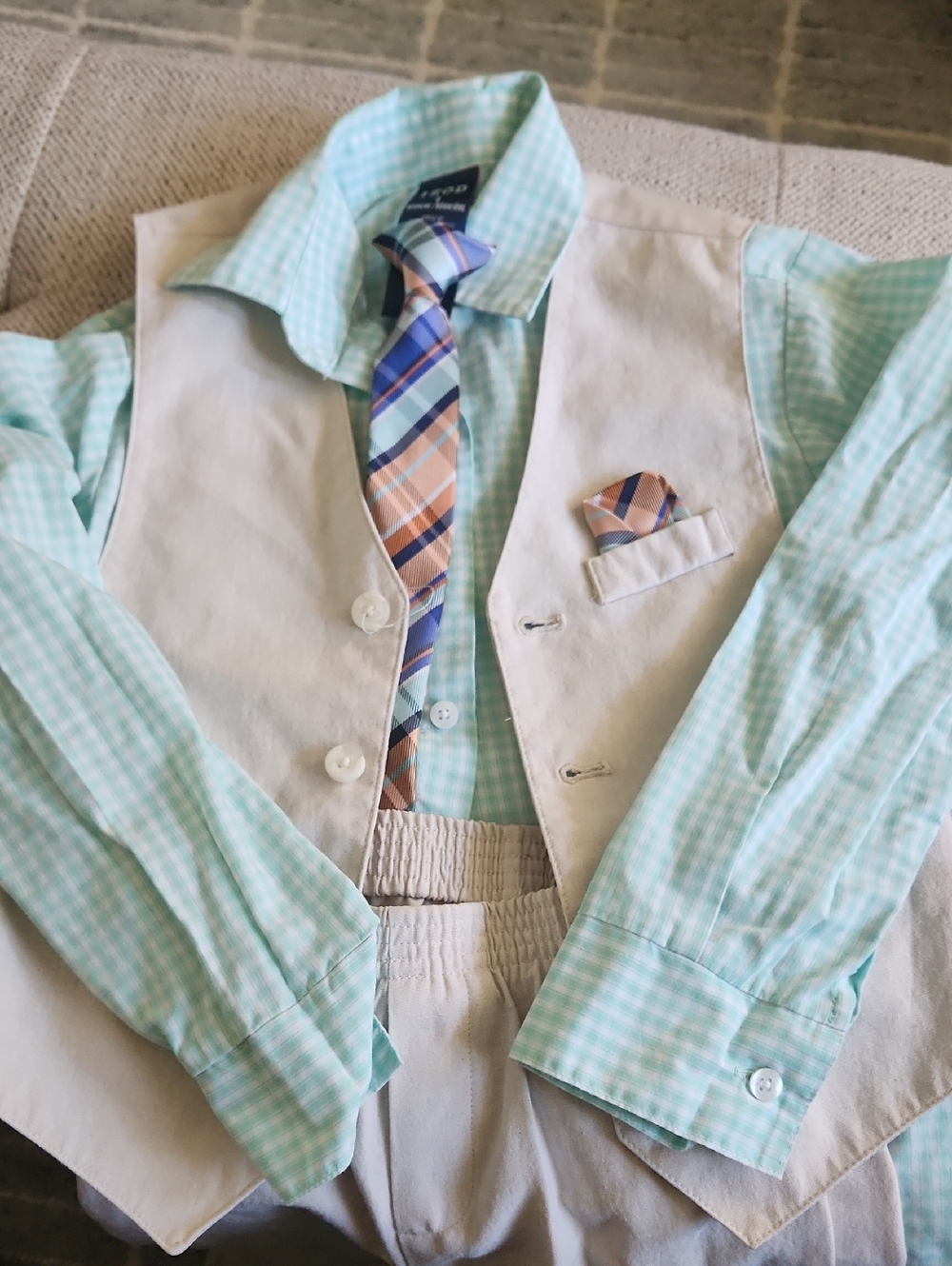 Izod Mint Green Gingham Shirt with Peach & Navy Plaid Tie